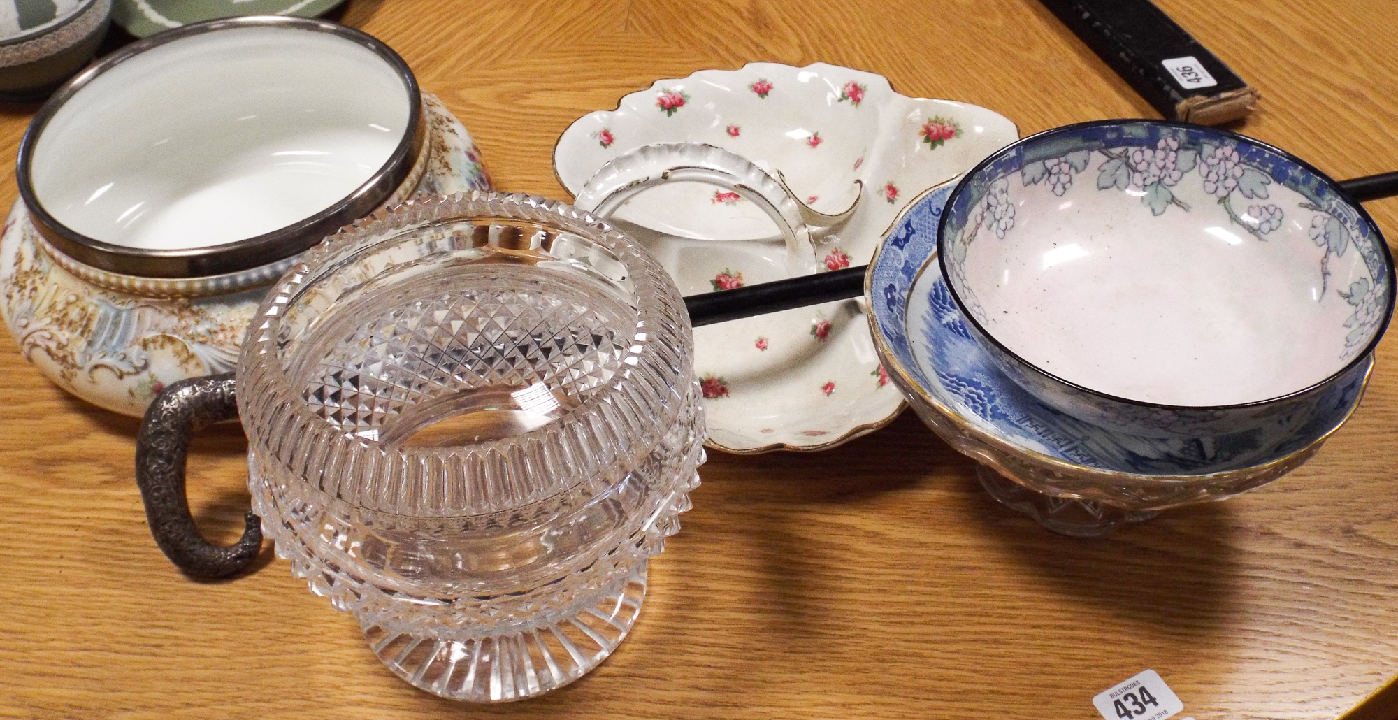 Heavy cut glass bowl, silver handled walking cane, floral fruit bowl,