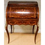 A French rosewood and floral marquetry inlaid cylinder top bureau de dame fitted one drawer with