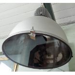 Three silver coloured industrial ceiling light fittings size 27" high and 27" diameter