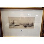 W L Wyllie dry point etching 'Royal Albert Dock' image size 15x35cms well framed and glazed