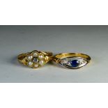 Victorian pearl cluster ring and 18ct gold sapphire and diamond ring in the deco style