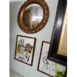 Circular gilt framed convex mirror and two contemporary coloured drawings