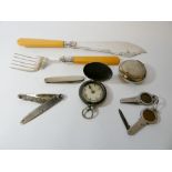 Hand held compass, snuff box, fish servers with silver collars,