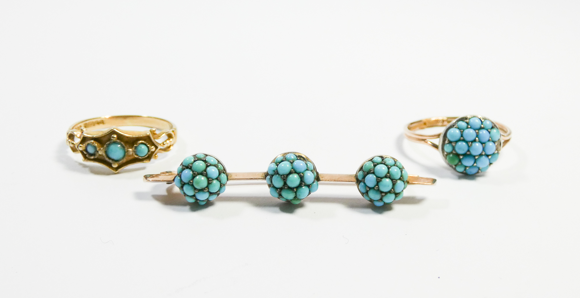 Three pieces of Victorian and later turquoise set jewellery - to include cluster ring and triple