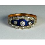 Victorian rose gold blue enamel and diamond ring, closed back setting,