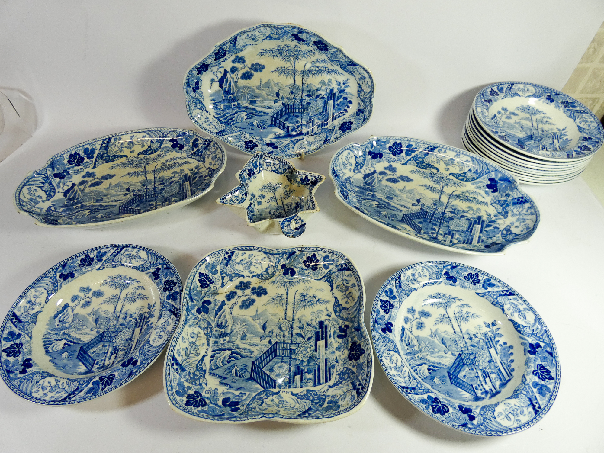 A 19th Century Wedgwood Chinese garden or bamboo and fence design blue and white part service,