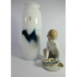 Copenhagen Art glass vase by Holme Gaard and a Nao figurine of a boy playing with a pond yacht,