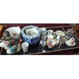 Jardiniere's, three piece plated tea set, spirit flask,