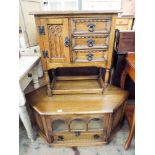 Small reproduction oak chest with three drawers and cupboard and a similar TV and Hi Fi cabinet