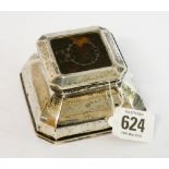 Silver tortoiseshell and pique work inkwell, Birmingham 1919. with glass liner. 9cms across.