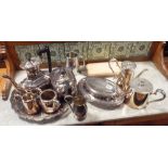 A silver plated tray, tea and coffee pots,