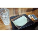 A glass vase, a book of clocks, folio case, keys,