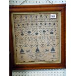 A needlework sampler in a maple frame dated 1778,