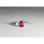 Platinum pink sapphire and diamond three stone ring,