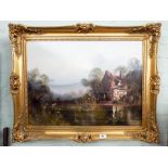 A gilt framed oil painting of a cottage and river scene signed 'John Horsewell'