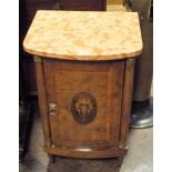 A French floral marquetry inlaid walnut bow front bed side cabinet with coloured marble top