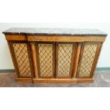 A Regency brass inlaid rosewood break front side cabinet with grill doors and coloured marble top,