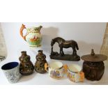 Two Paragon Edward VII Coronation mugs, China man tobacco jar, John Peel jug,