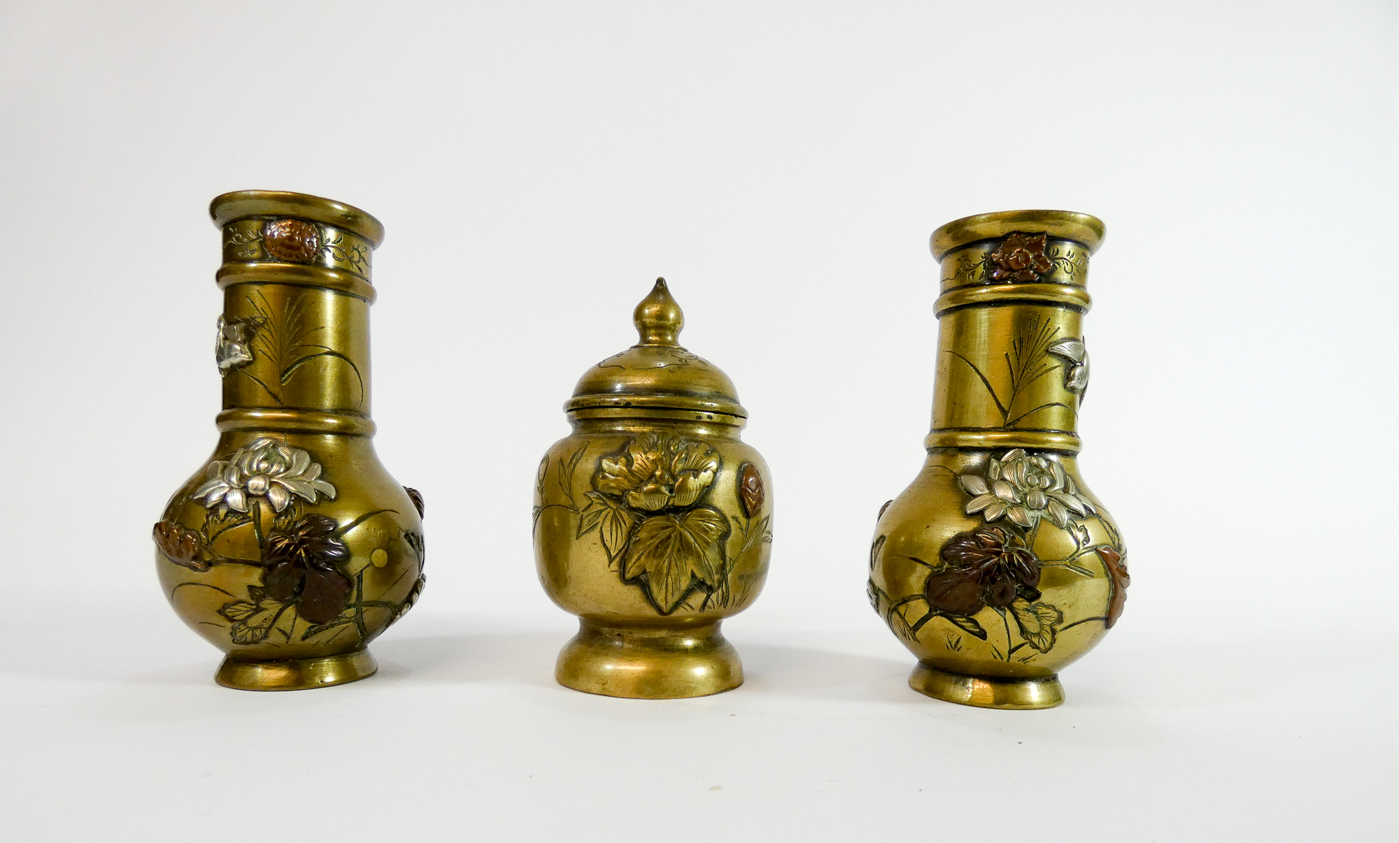 A small garniture of Japanese polished bronze vases and jar and cover, - Image 2 of 2