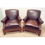 Brights replicas pair of brown leather upholstered easy or club chairs with brass studded