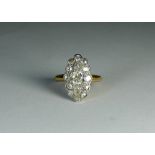 Pretty antique old cut diamond set panel ring, set in a marquise shape on unmarked gold shank,