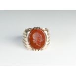 Gents intaglio panel ring, set with a carved hardstone depicting portrait of Hermes,