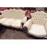 A French style walnut framed three piece lounge suite in cream material