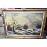 A large gilt framed oil painting with country cottage and snow scene