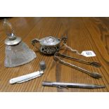 A collection of small silver ware sugar nips, thimble, fruit knife, twin handled mustard,