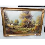 A gilt framed oil painting of a country scene with farm buildings signed 'E Guinolotti'