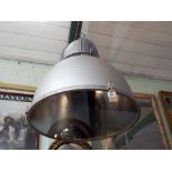 Three silver coloured industrial ceiling light fittings size 27" high and 27" diameter