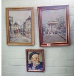 A pair of oil paintings of Parisian scenes and another of an old man