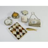 Three vintage gents pocket watches silver plated mounted evening purse and a Victorian