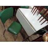 1960's tubular framed Formica top drop leaf kitchen table and four green vinyl upholstered chairs