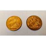 Two gold half sovereigns, Victoria 1900 and Edward 1902.