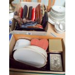 A box of handbags and purses and a box of costume jewellery,