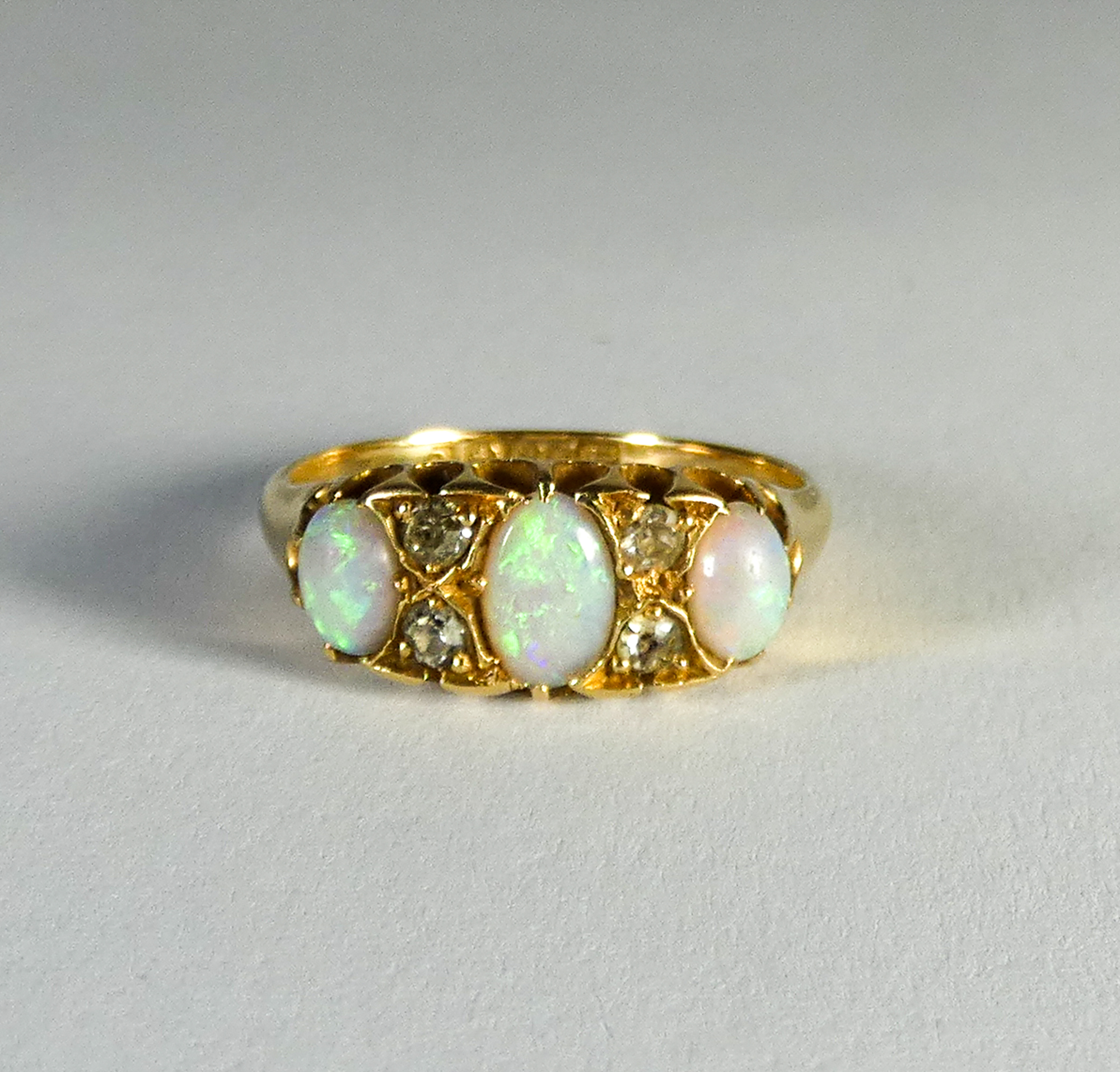 Victorian 18ct gold opal and diamond half hoop ring, ring size L,