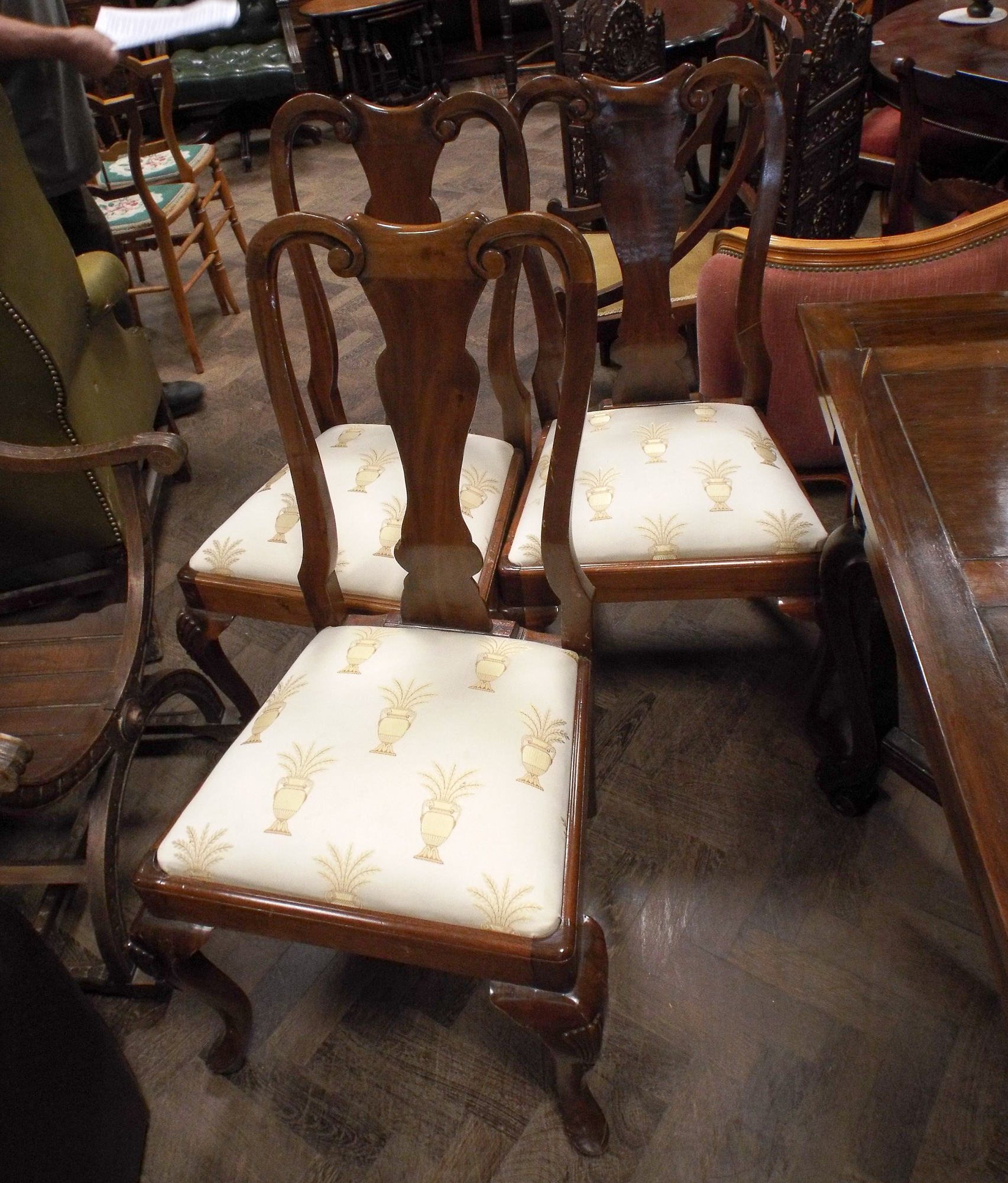 A set of eight Queen Anne style mahogany dining room chairs standing on cabriole legs with cream - Image 2 of 2