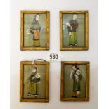 A group of four miniature Chinese painting set on silk with hand painted ivory face,