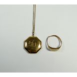 9ct gold gents signet ring and an octagonal gold locket with chain, gross weight 9 grams.