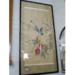 A large Japanese watercolour on silk of flowers and a magpie.