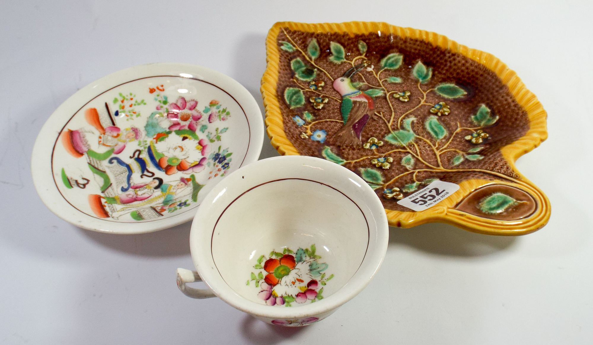 Wedgwood Majolica leaf shaped dish together with a Victorian cup and saucer