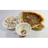 Wedgwood Majolica leaf shaped dish together with a Victorian cup and saucer