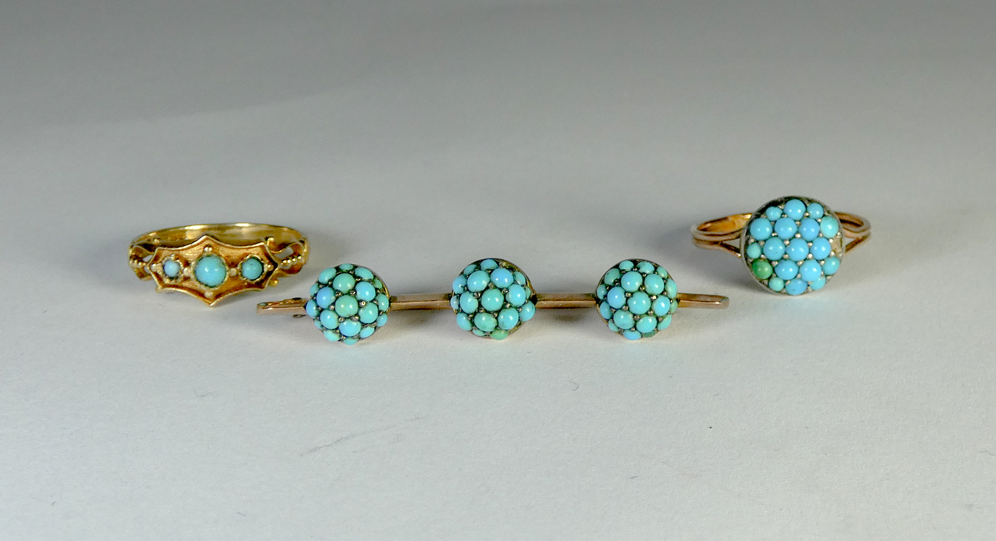 Three pieces of Victorian and later turquoise set jewellery - to include cluster ring and triple - Image 2 of 2