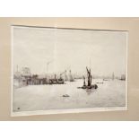 HP Evans an etching of barges framed and glazed image size 20x33cms