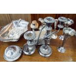 Plated candelabra, vases, tea caddy,