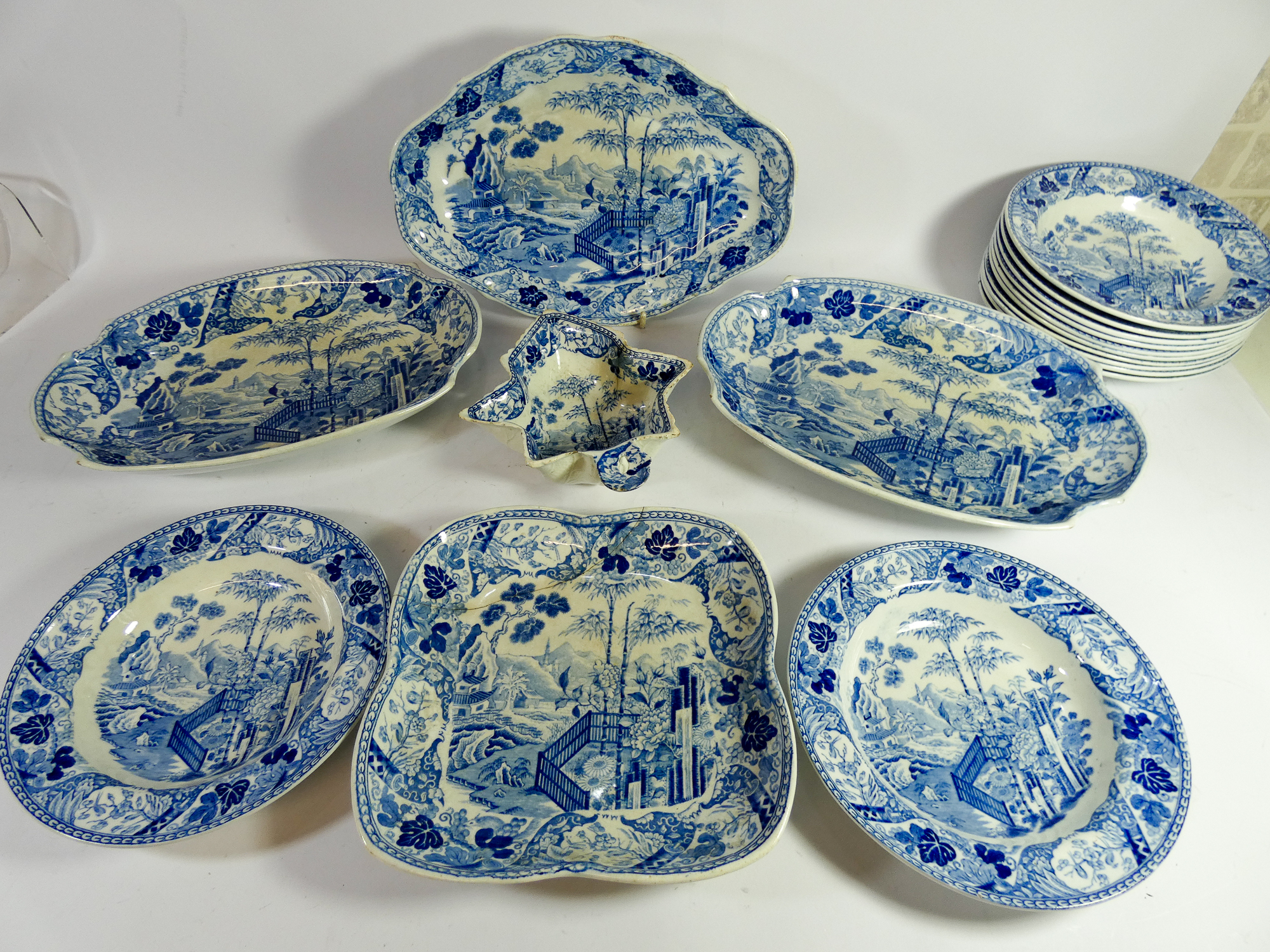 A 19th Century Wedgwood Chinese garden or bamboo and fence design blue and white part service, - Image 2 of 2