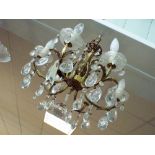 Six branch brass and glass lustre hanging electric light pendant