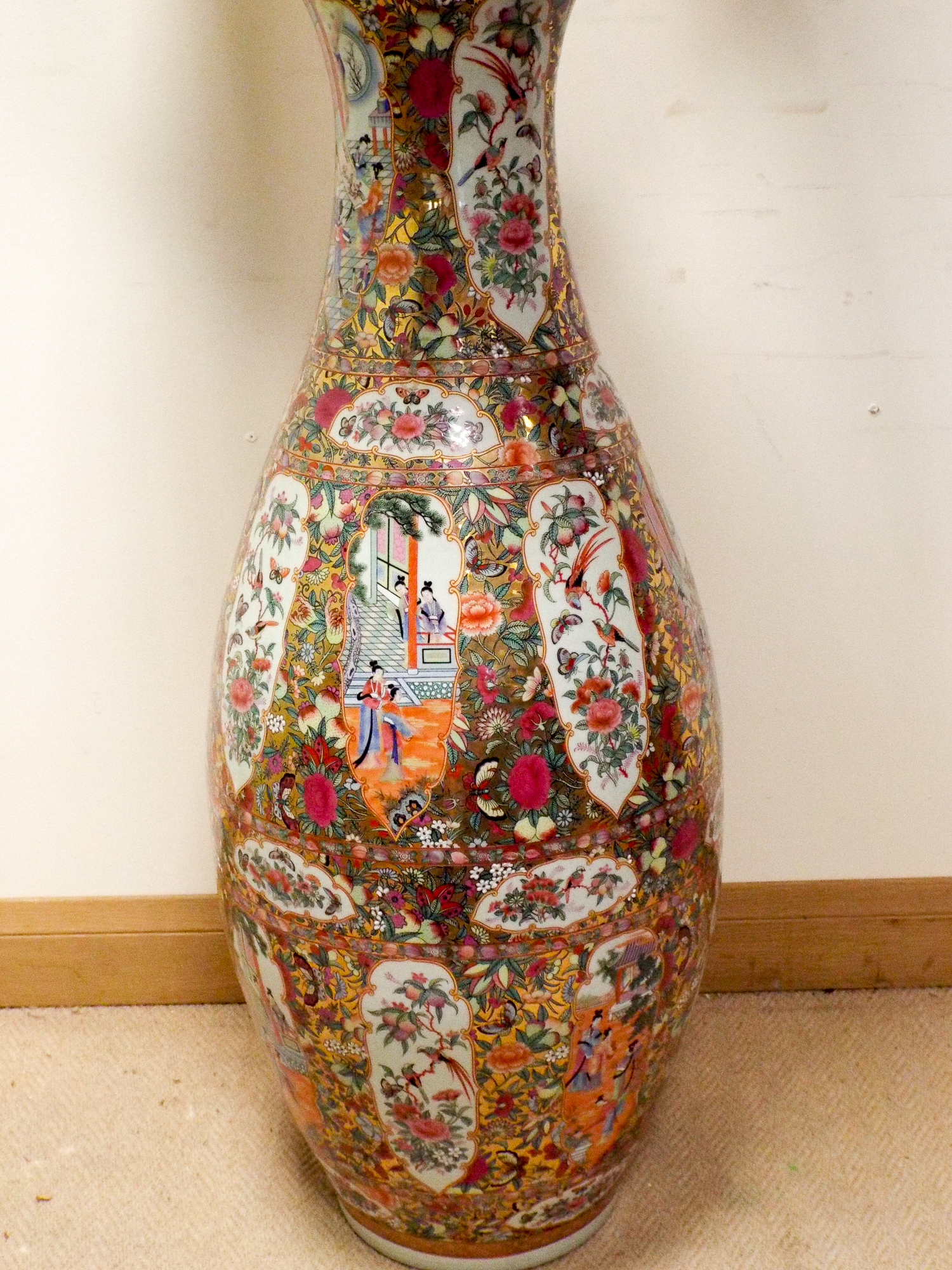 A large Chinese Famille rose vase converted to electricity with brass electric light fitting to the - Image 2 of 2