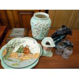 A wall barometer, two Poole pottery fish, plates,